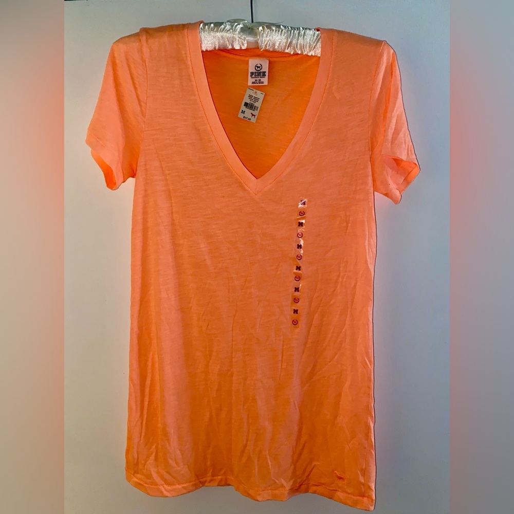 PINK Victoria's Secret Coral-Orange V-Neck Tee with Embellished Side